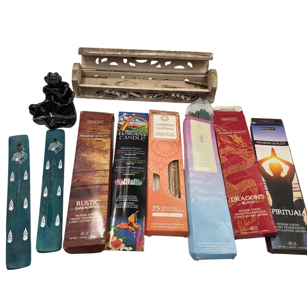 Hosley Tuscany Candle Incense Lot with Wooden Coffin Ceramic Lotus Burners T2